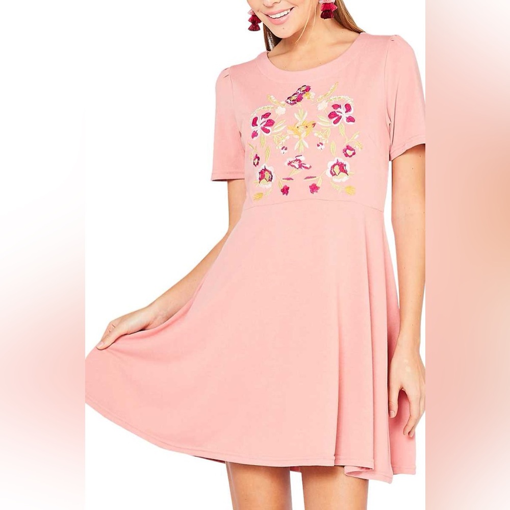 Entro Embroidered Floral fit and flare dress pink size small